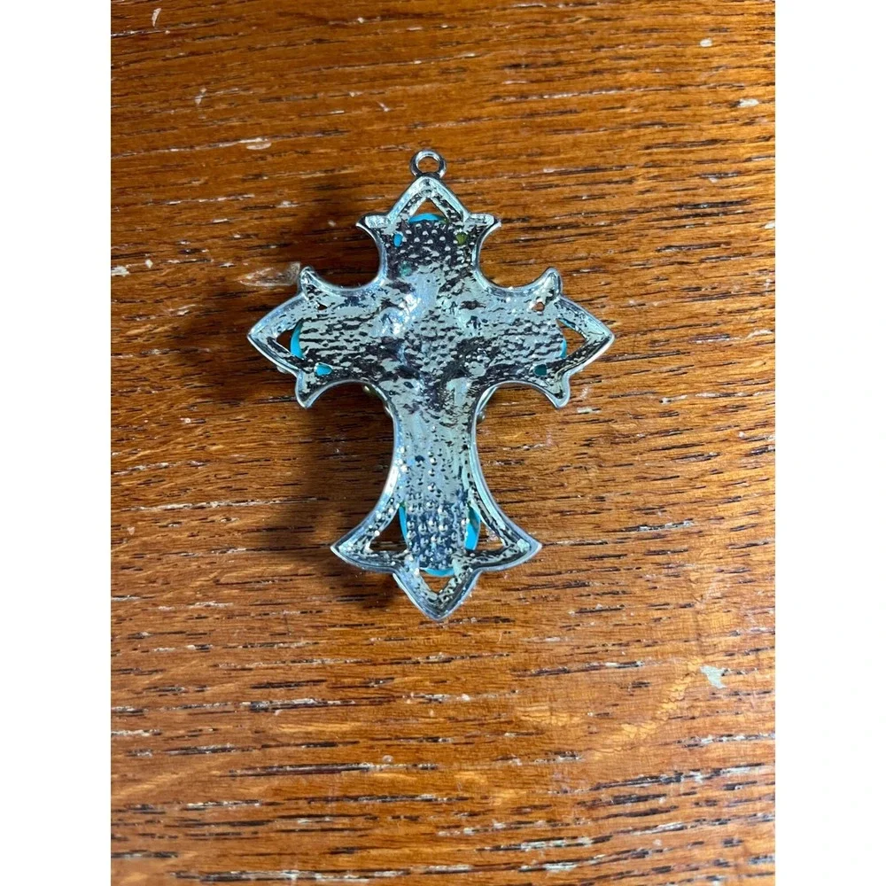 Vintage Turquoise Blue Silver Tone Cross Pendant Boho Crucifix 2.5